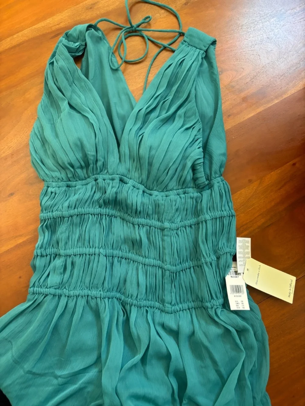 Abercrombie Bra-Free Ruched Flowy Maxi Dress Teal Medium Petite